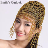 Women Tribal Exotic Belly Dance Hat Elastic Bead Tassel Cap Hair Accessory Egyptian Costume Golden Silver ATS  Free Shipping
